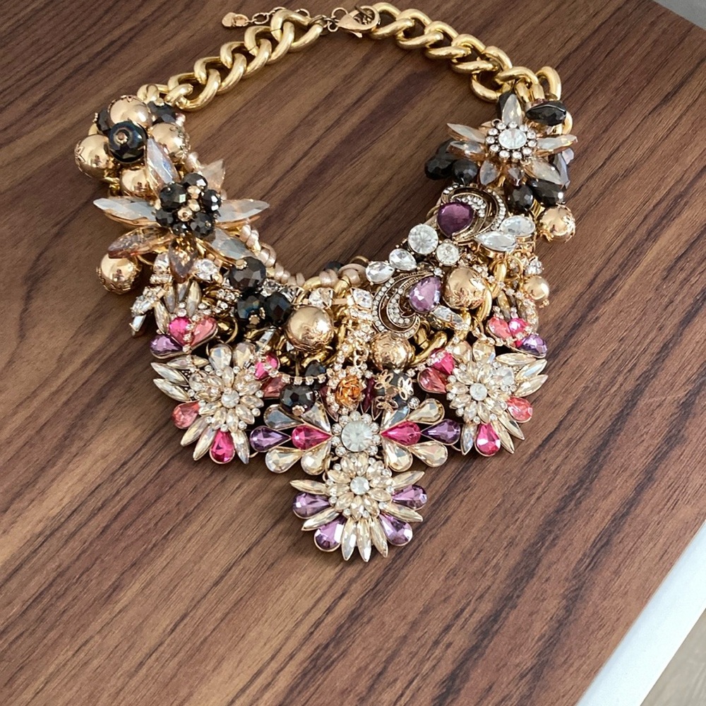 Aldo Gold Floral Statement Necklace with Pink, Purple and Black Accents
